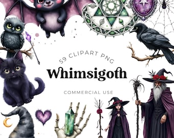 Conjunto de imágenes prediseñadas de Halloween de Whimsigoth: 59 gráficos PNG de acuarela con temática de brujas para álbumes de recortes y manualidades - Descarga digital instantánea