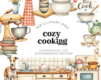 Rustic Kitchen Clipart, Vintage Cooking Illustrations, Farmhouse Kitchen Graphics, Watercolor Baking Ephemera, Country Kitchen PNGs