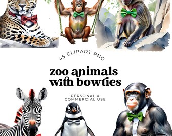 Zoo animals with bow clipart set, watercolor safari illustrations, cute jungle animal art for kids crafts, party decor, commercial use png