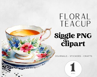 Vintage Teacup Clipart PNG, Floral Tea Cup Watercolor for Tea Party Invitations, Junk Journals, Scrapbooking and Planner Crafts