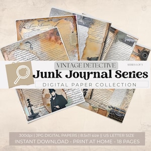 Detective Junk Journal US Letter Papers Vintage Mystery Crime Case Bestand Achtergrondpagina's Sherlock Holmes-stijl Afdrukbare Journal Paper Set