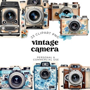 Set di clipart di macchine fotografiche vintage, illustrazioni fotografiche ad acquerello con macchine fotografiche analogiche retrò, disegni artistici per scrapbooking, artigianato e decorazioni.