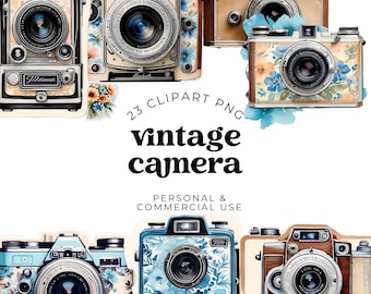 May include: A collection of vintage cameras in various styles and colors. Some cameras feature floral patterns in blue and orange. The image includes the text "vintage camera" and "23 clipart png".