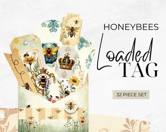 Bee Loaded Tag Set, Honey Bee Junk Journal Kit, Printable Ephemera, Vintage Tags, Scrapbook Craft Supplies, Fussy Cut Sheet, Paper Craft Pac
