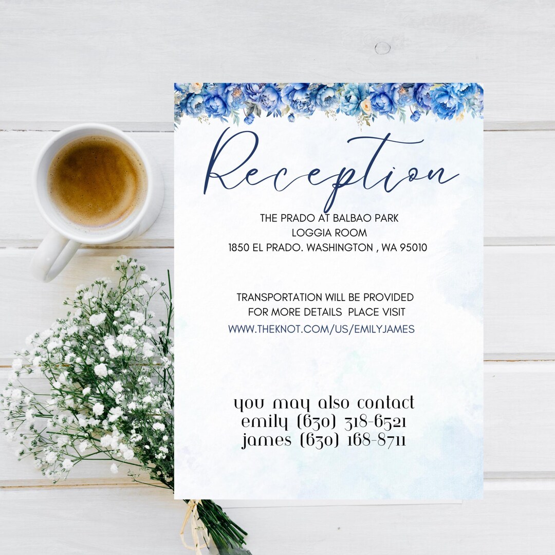 Blue Floral Reception Card, Printable Wedding Reception Card, Elegant Wedding Stationery ...