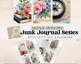 Etiketter för detektivjournal, vintage-mysterie- och brottslighets-, ephemera- och fallmappsetiketter i Sherlock Holmes-stil, utskrivbara journalpaket