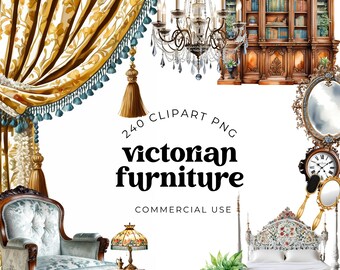 Watercolor Victorian Furniture Clipart, Antique Boudoir PNG Graphics, Vintage Ephemera for Scrapbooking, Junk Journals, Printable Craft Kit