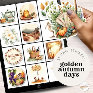 Op de afbeelding: Een tabletscherm met een raster van herfststickers, waaronder een theepot, kaars, landschap, pompoen, mand, open raam en druiven. Een cirkelvormige overlay bevat de tekst 57 PNG STICKERS golden autumn days.
