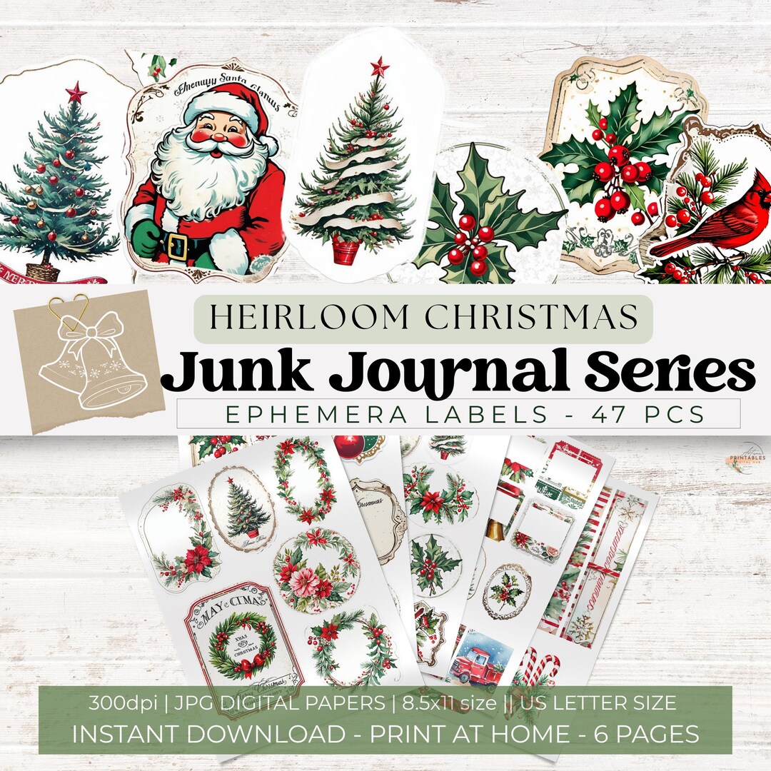 Christmas Junk Journal Labels Kit, Vintage Holiday Printable Ephemera ...