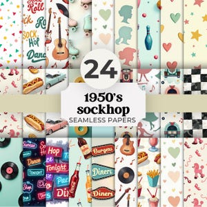 50s Sockhop Digital Paper, Retro Party Supplies, Sockhop Diner Digital Paper, 1950s sock hop theme, perfect for crafting collection
