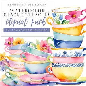 Clipart de pila de tazas de té vintage, clipart de pila de tazas de té floral, descarga digital de acuarela para álbumes de recortes, perfecto para invitaciones a fiestas de té,