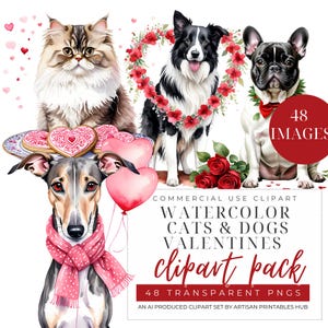 lot de cliparts chien mignon Saint-Valentin aquarelle, svg chat Saint Valentin, conception colorée fantaisiste d'animal de compagnie, animal aquarelle adorable romantique