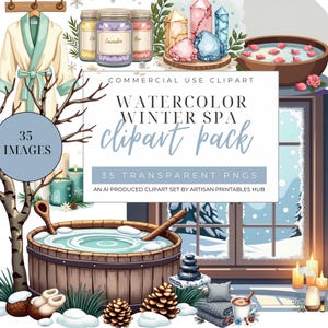 Bundle d'art clip aquarelle journée au spa, illustrations de soins personnels confortables, autocollants imprimables, clipart hiver