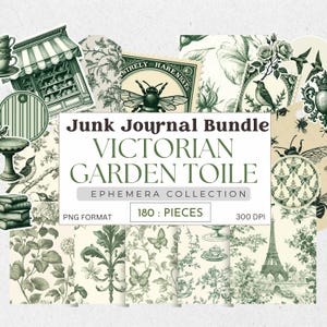 Könnte beinhalten: Eine Sammlung von Ephemera im viktorianischen Stil für Junk-Journals. Das Design zeigt botanische Illustrationen, Vintage-Briefmarken und architektonische Elemente in Grün- und Cremetönen. Der Text lautet "Junk Journal Bundle Victorian Garden Toile".
