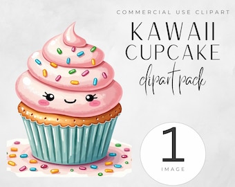 Kawaii Cupcake Clipart PNG, Cute Bakery Dessert Illustration, Printable Cake Topper Graphic, Birthday Party Decor, Commercial Use