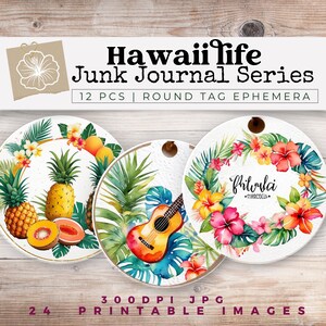 Etichetta di spedizione rotonda hawaiana, pagina di scrapbooking stampabile con motivi floreali tropicali, download digitale, junk journal hawaiano, idea regalo
