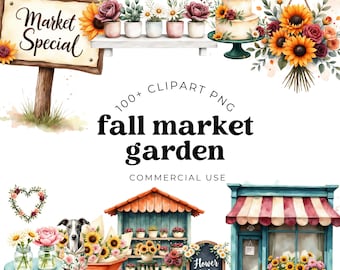 Watercolor Fall Clipart Set PNG JPG SVG, Market Garden Floral Illustrations, Autumn Harvest Graphics for Scrapbooking, Journals, Crafts