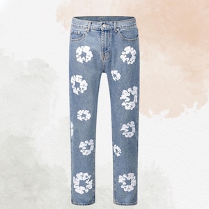 Men&#39;s Flower Graphic Straight Leg Jeans, Gothic Y2K Streetwear, Trendy Gift for Men, Hip-Hop Fashion, Casual Denim Pants , Men&#39;s jeans