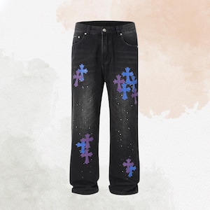 Men&#39;s Cross Wide Straight jeans with Pockets, Gothic Y2K Streetwear, Trendy Gift for Men, Hip-Hop Fashion, Casual Denim Pants ,Men&#39;s Jeans