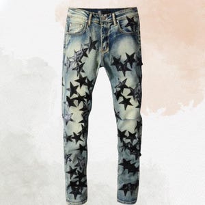 Men&#39;s Washed Star Slim Jeans, Gothic Y2K Streetwear, Trendy Gift for Men, Hip-Hop Fashion, Casual Denim Pants ,Streetwear Men&#39;s jeans