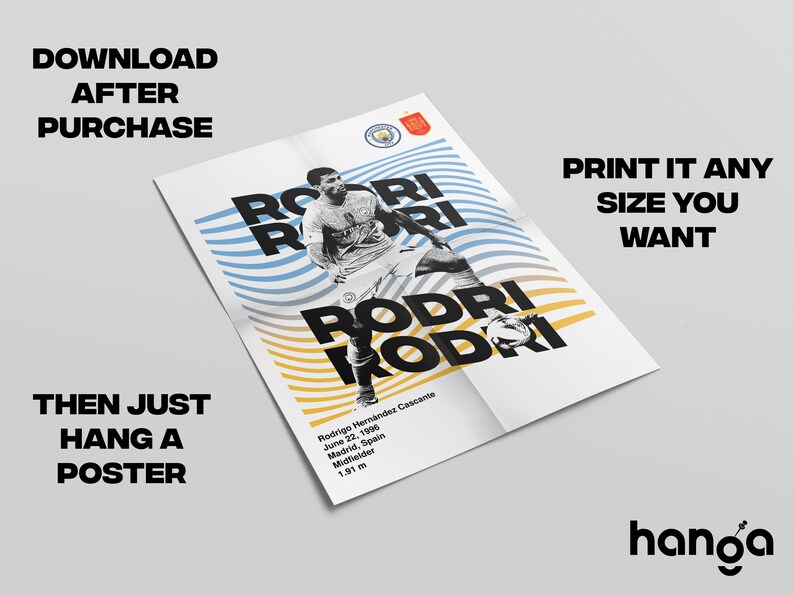 K&ouml;nnte beinhalten: Ein schwarz-wei&szlig;es Poster mit einem Fu&szlig;ballspieler und dem Text "Rodri", der in einem fetten, grafischen Design wiederholt wird. Das Poster hat ein wellenf&ouml;rmiges Muster in Blau und Gelb im Hintergrund. Der Name des Spielers, sein Geburtsdatum, sein Geburtsort, seine Position und seine Gr&ouml;&szlig;e sind unten auf dem Poster aufgef&uuml;hrt.
