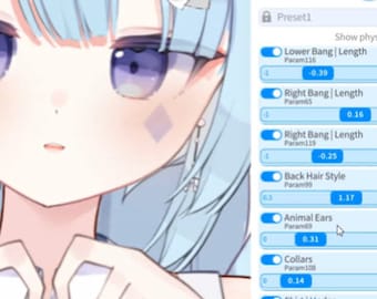 Könnte beinhalten: Ein Screenshot einer digitalen Oberfläche mit einem Schieberegler und einem Kippschalter. Der Schieberegler ist mit "Lower Bang | Length" beschriftet und hat einen Wert von -0.39. Der Kippschalter ist mit "Right Bang | Length" beschriftet und ist ausgeschaltet. Die Oberfläche enthält auch einen Schieberegler mit der Bezeichnung "Back Hair Style" mit einem Wert von 1.17.