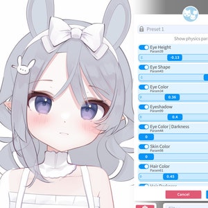 May include: A digital illustration of a cartoon character with gray hair, blue eyes, and pink cheeks. The character is wearing a white headband with a white bow and a white dress. The image is accompanied by a digital interface with sliders and buttons for adjusting the character's appearance.