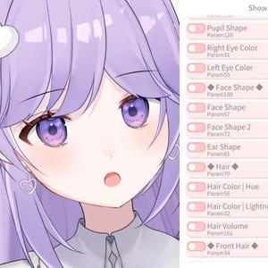 以下が含まれることがあります： ラベンダー色の髪と紫色の目をした女性キャラクターのアニメ風イラスト。白いウサギの耳のヘアアクセサリーとハート型のイヤリングを着用しています。画像には、顔の特徴をカスタマイズするためのオプションを備えたコントロールパネルが含まれています。