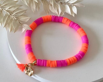 Katsuki bracelet neon pink & neon orange | Katsuki beads 6 mm | Pearl bracelet | Tassel orange