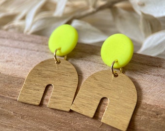 Earrings neon yellow brass | hanging earrings neon yellow | earrings | gold