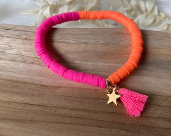 Katsuki Armband Neon Pink & Neon Orange | Katsuki Perlen 6mm | Quaste Neonpink | Anhänger Stern