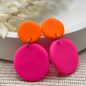 Neon earrings Pink orange earrings Neon pink, neon orange earrings Circles image 4