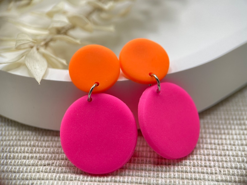 Neon earrings Pink orange earrings Neon pink, neon orange earrings Circles image 4