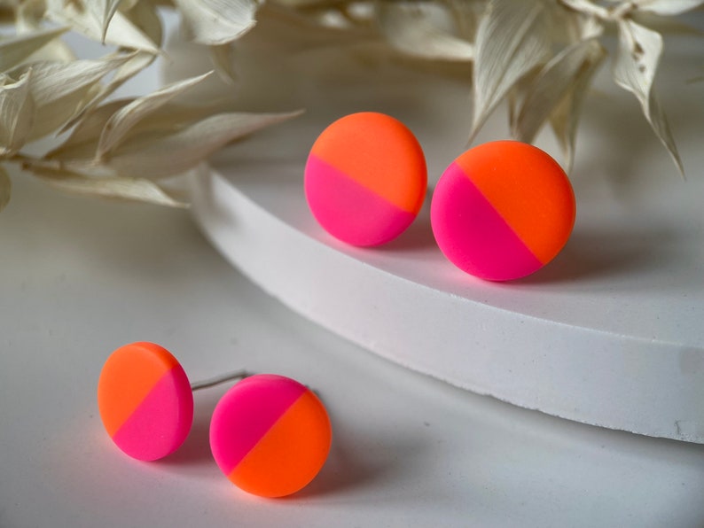 Round stud earrings neon neon pink Neon Orange two-tone earrings Pink Orange image 3