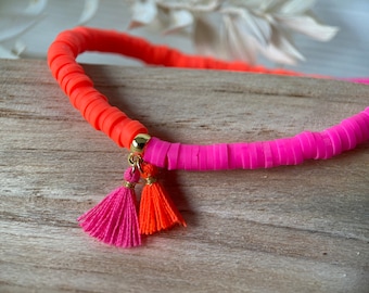 Neon Armband Pink Orange | Katsuki Perlen 4mm | Quasten Neonpink & Neonorange | Ibiza Armband