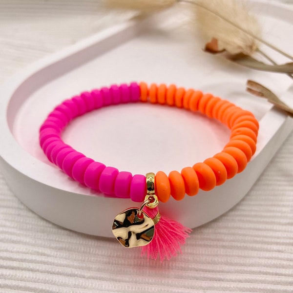 Neon Armband Pink Orange | Polymer Ton Perlen | Quaste Neonpink | Anhänger rund gewellt