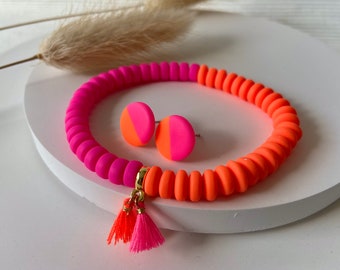 Set Armband und Ohrstecker Neon Pink & Neon Orange | Polymer Ton Perlen