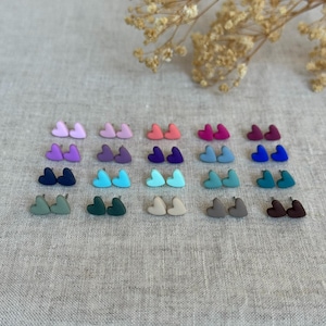 Könnte beinhalten: Eine Sammlung kleiner herzförmiger Ohrstecker, die in fünf Reihen angeordnet sind. Die Ohrringe sind in verschiedenen Unifarben erhältlich, darunter Pink, Lila, Blau, Türkis, Grün, Beige, Grau und Dunkelbraun, alle mit matter Oberfläche.
