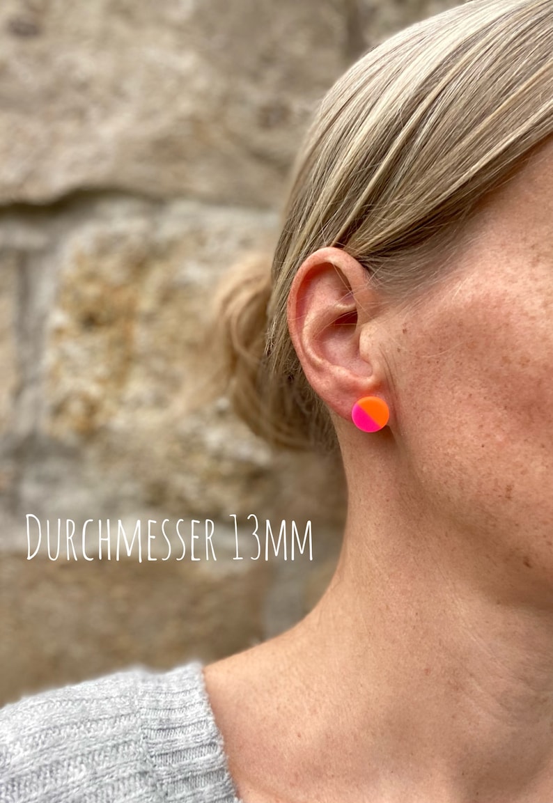 Round stud earrings neon neon pink Neon Orange two-tone earrings Pink Orange image 6