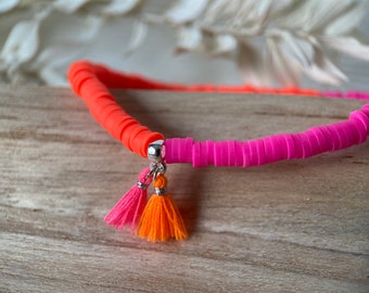 Neon Bracelet Pink Orange | Katsuki beads 4 mm | Tassels neon pink & neon orange | Ibiza Bracelet