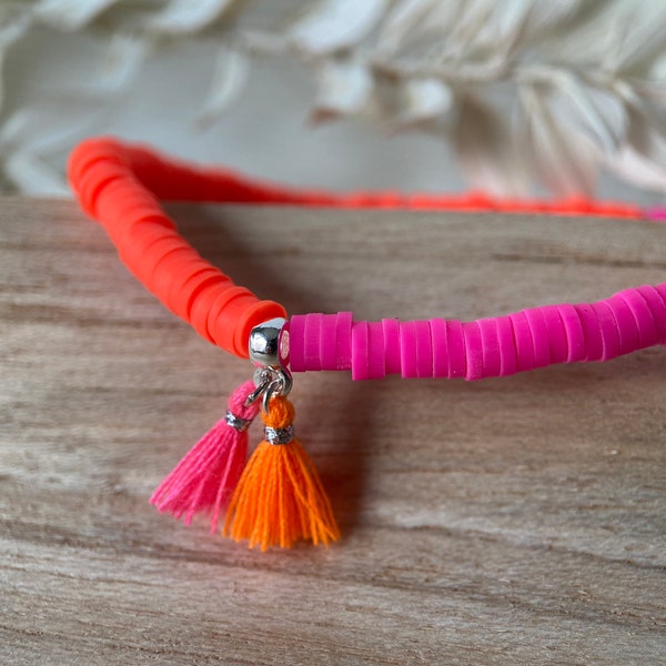 Neon Armband Pink Orange | Katsuki Perlen 4mm | Quasten Neonpink & Neonorange | Ibiza Armband