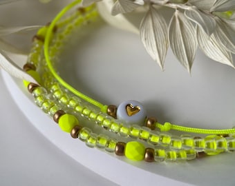 3-piece bracelet neon yellow | Gold | Pearl bracelet glass beads | Heart