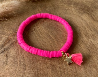 Bracelet Neon Pink | Katsuki beads | Tassel | Pendant star | Summer