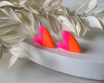 Herz Ohrringe Neon Pink & Orange | Ohrstecker Herzform | zweifarbige Ohrringe | Herzohrringe