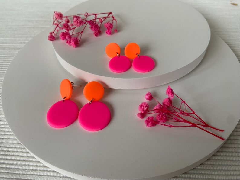 Neon earrings Pink orange earrings Neon pink, neon orange earrings Circles image 3