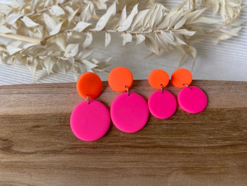 Neon earrings Pink orange earrings Neon pink, neon orange earrings Circles image 2