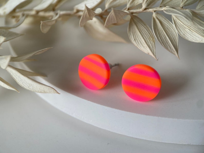 Neon Ohrstecker, Neon Ohrringe Pink Orange gestreift