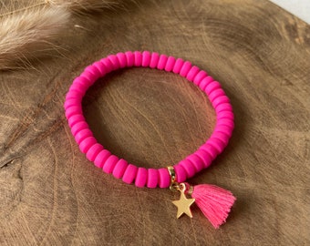 Armband Neon Pink | Polymer Ton Perlen | Quaste | Anhänger Stern