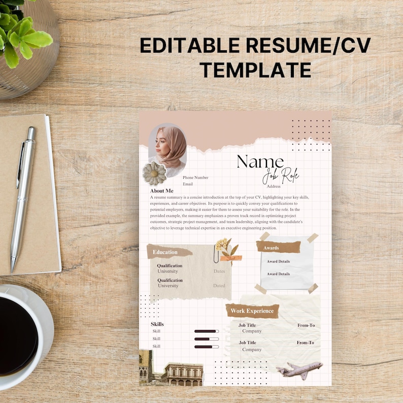 Boho Resume Template: Vintage Scrapbook CV Design (canva Editable ...