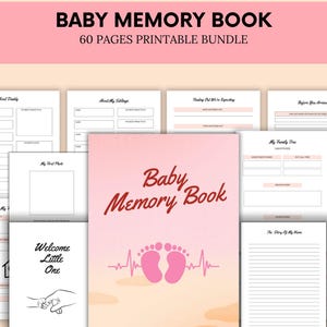 Puede incluir: Un libro de recuerdos para bebés imprimible en rosa y melocotón con un título que dice "Baby Memory Book" y un gráfico de dos huellas de pies de bebé rosas con una línea de latido del corazón. El libro tiene 60 páginas e incluye secciones para "About Daddy", "About My Siblings", "Finding Out We're Expecting", "Before You Arrived", "My Family Tree", "The Story of My Name", y "Welcome Little One".